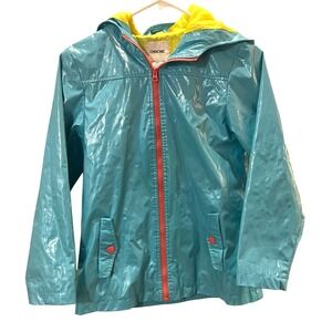 Cherokee Kids Teal Blue Glossy Rain Jacket Hooded Zip Up Slicker Pink Yellow